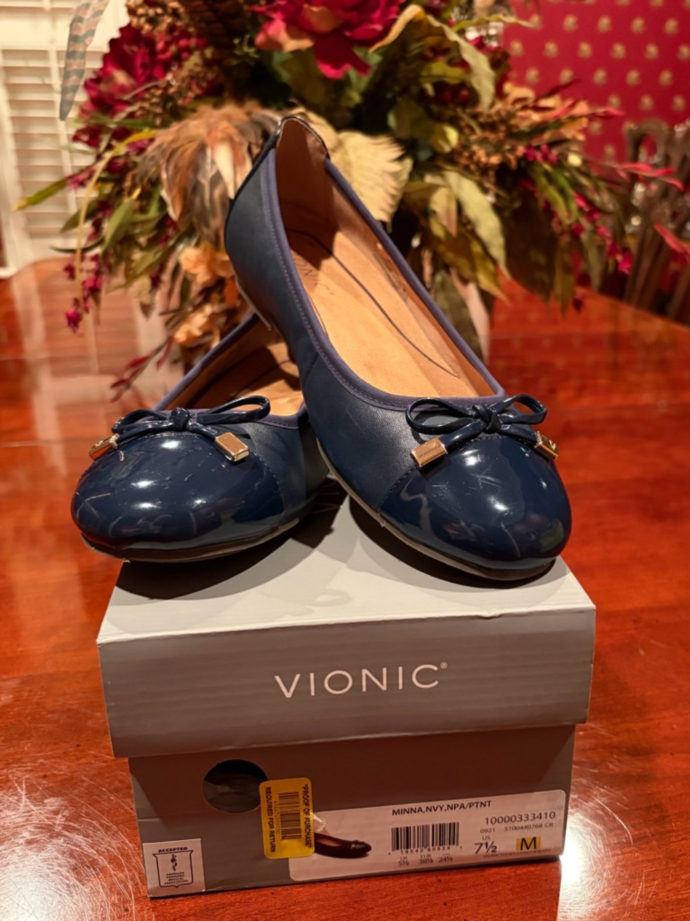 Vionic Navy Patent Ballet Flats with Bow Accent